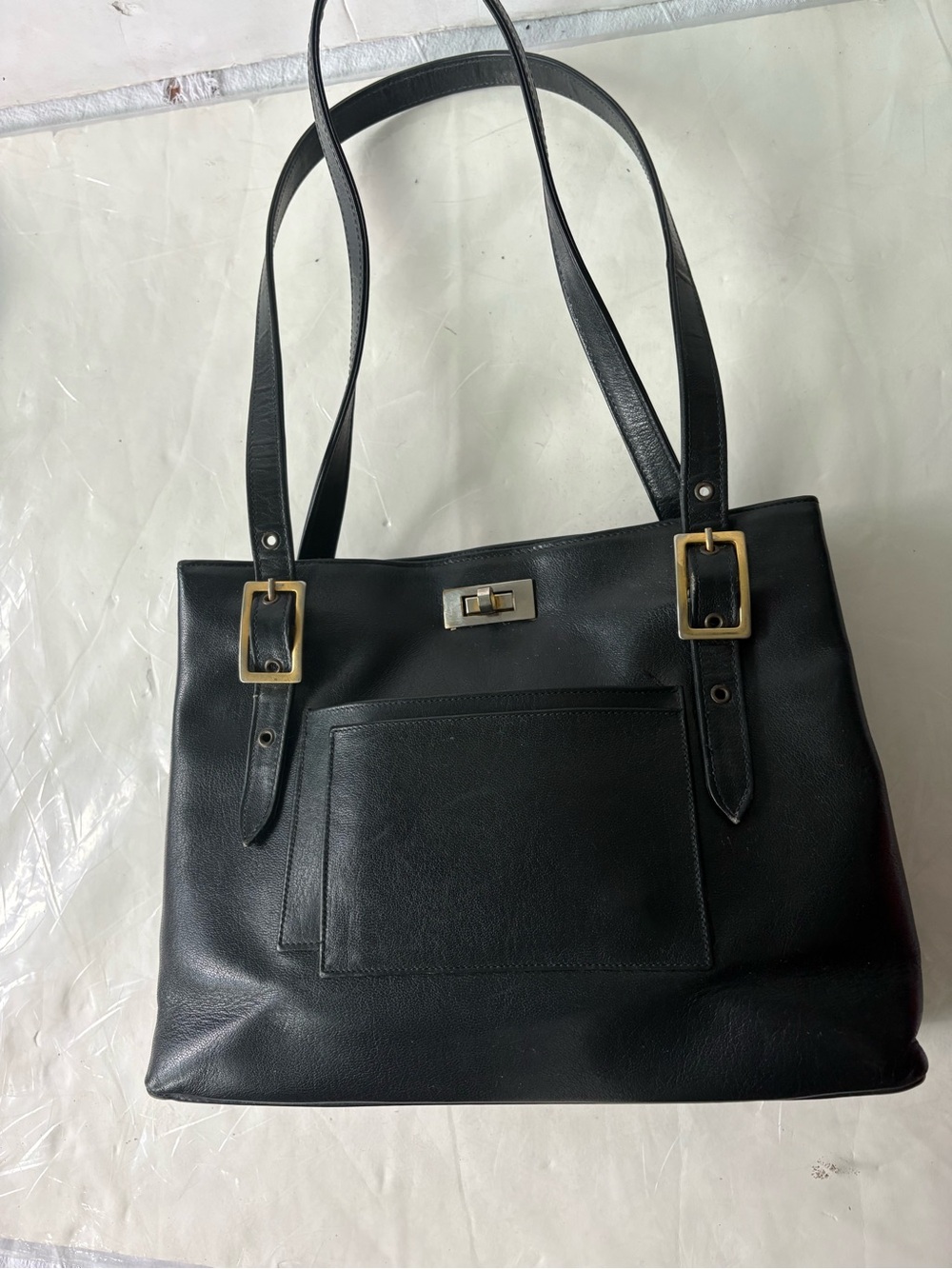 Vintage Holt Renfrew Black Leather Shoulder Tote Bag with Gold Hardware